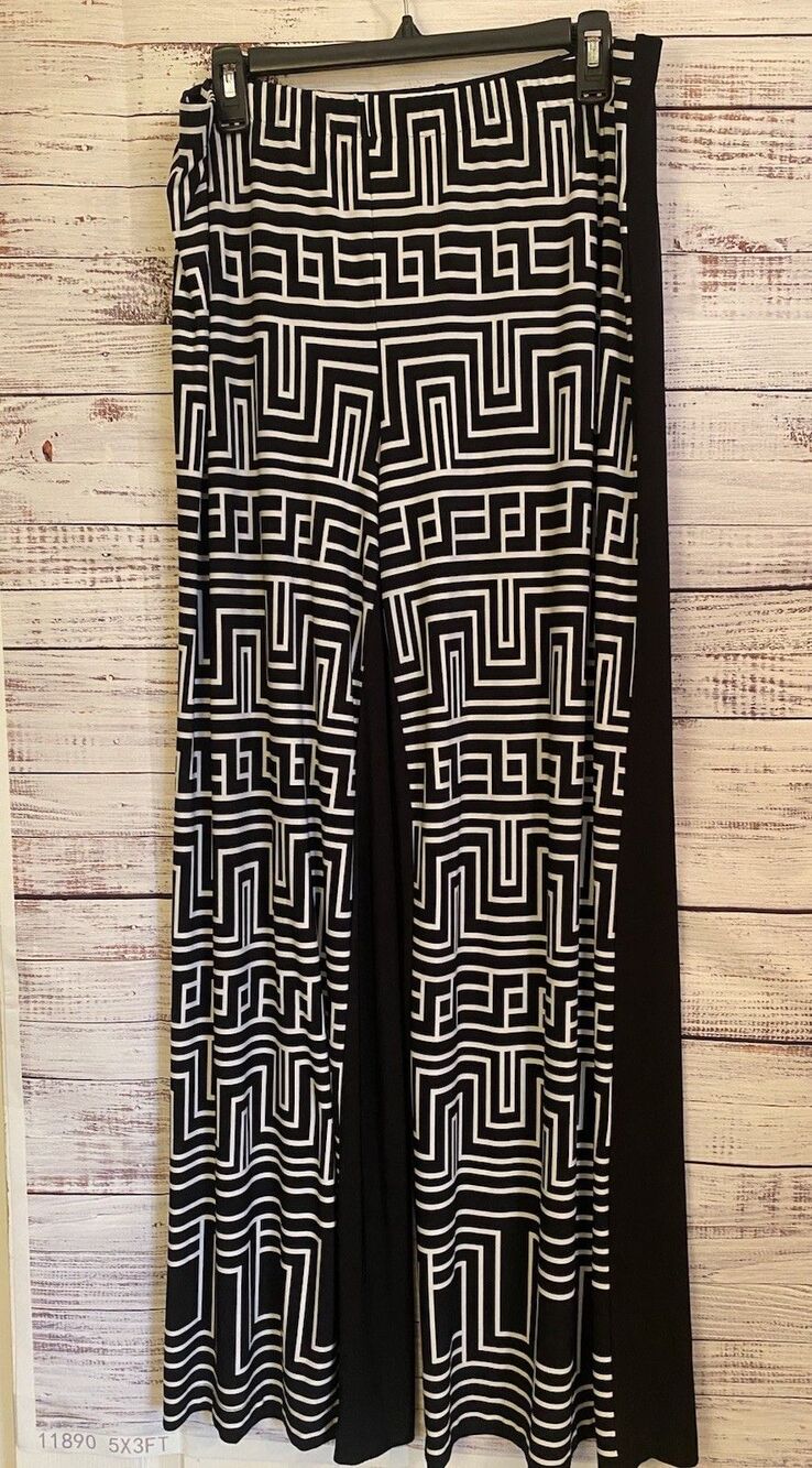 Chico's Women's Knit Kit Black & White Print Palazzo Pull-On Pants Sz 2